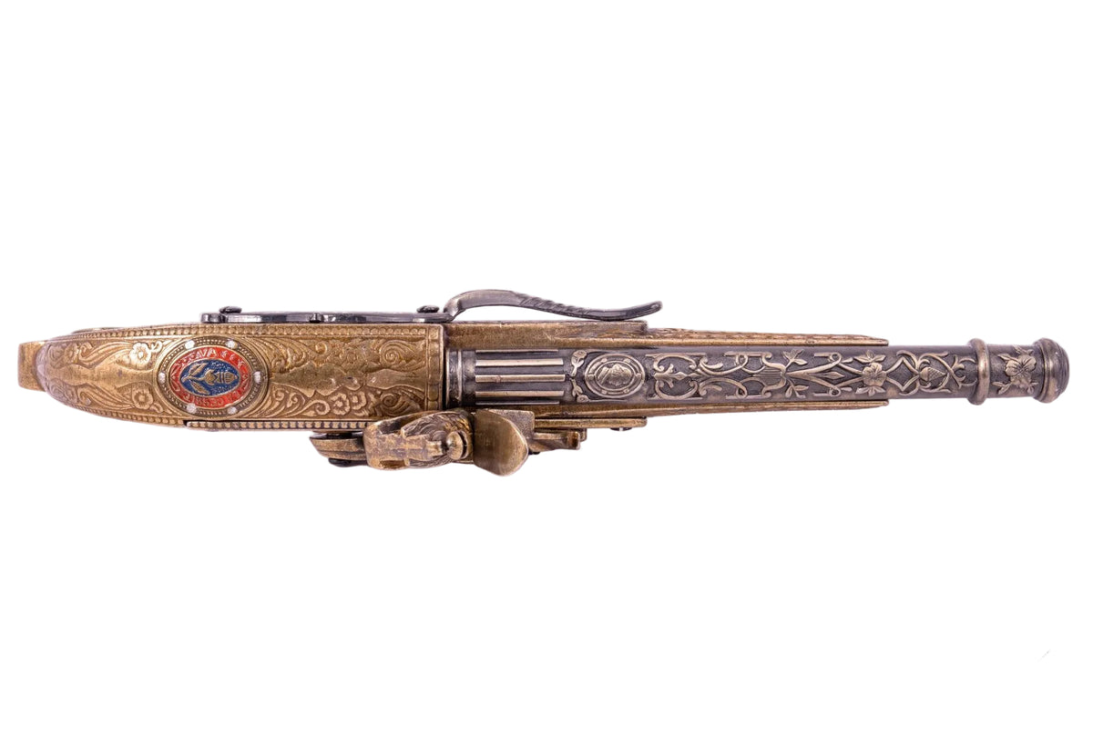 Denix 1246 Scottish flintlock pistol ornate barrel and frame, top profile