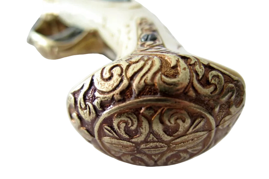 Antique gray finish flintlock pistol replica with triple barrels and ornate ivory grip