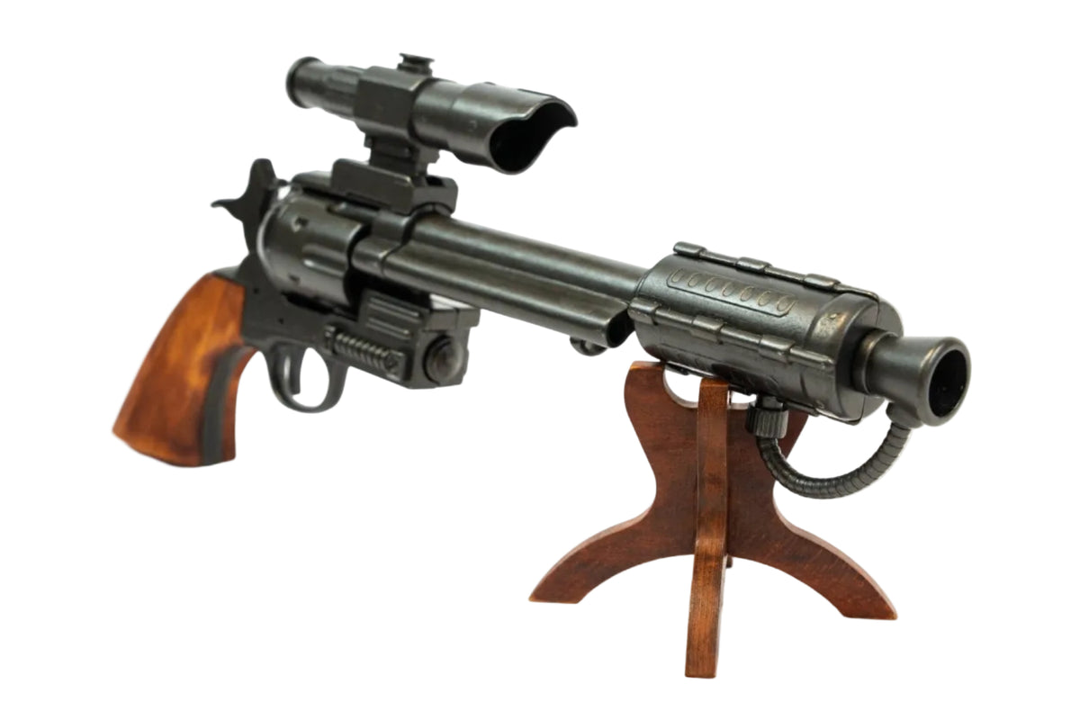 Denix 1320 Steampunk revolver in antique gray and wood, angled front view on a display stand