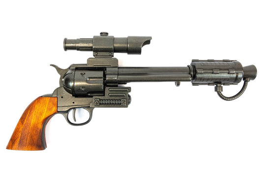 Denix 1320 Steampunk revolver in antique gray metal with wood grip, full left-side profile
