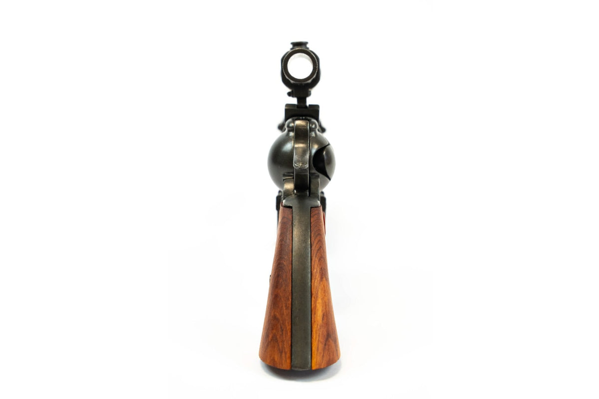 Denix 1320 Steampunk revolver rear view showing the divided wood grip and metal frame