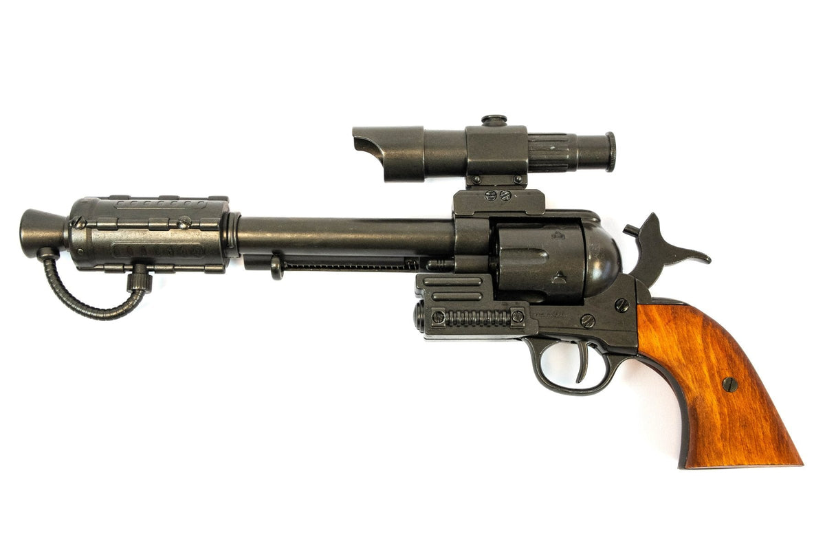 Denix 1320 Steampunk revolver in antique gray metal with wood grip, full right-side profile