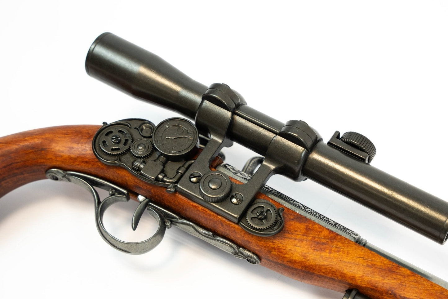 Steampunk flintlock pistol replica scope-style top detail