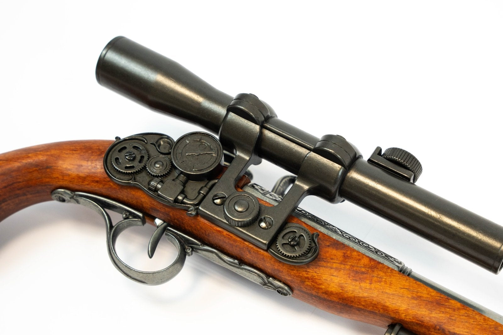 Steampunk flintlock pistol replica scope-style top detail