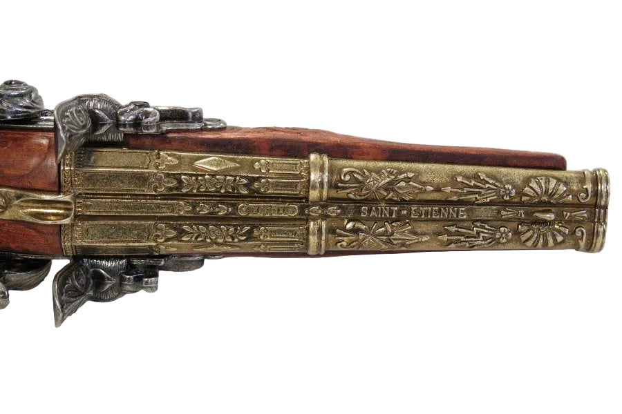 Denix 1806 double barrel flintlock pistol with engraved metal finish