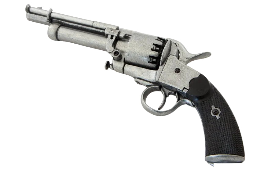Denix 1858 LeMat revolver replica displayed on a Civil War style desk with historical documents and artifacts