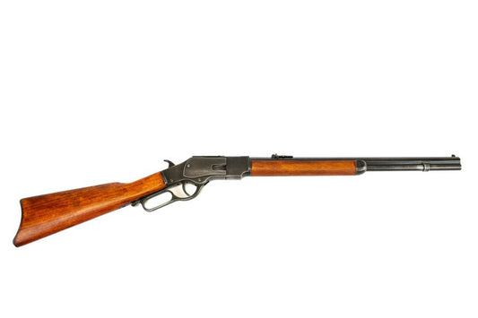 Denix 1873 lever action carbine replica with antique blackened finish and wood stock