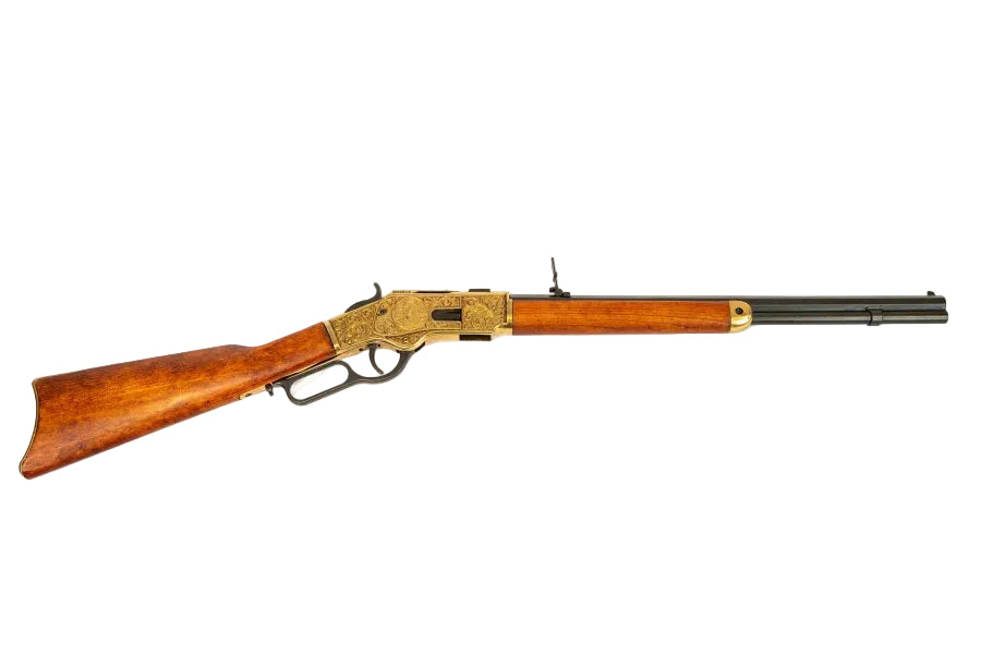 Denix 1873 lever action carbine replica with engraved antique gold receiver and wood stock