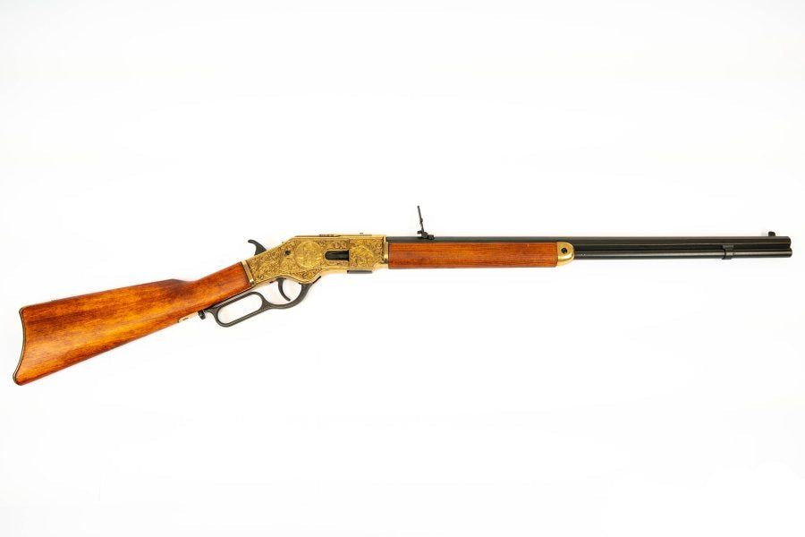 Denix 1873 lever action rifle replica with ornate antique gold finish and wood stock