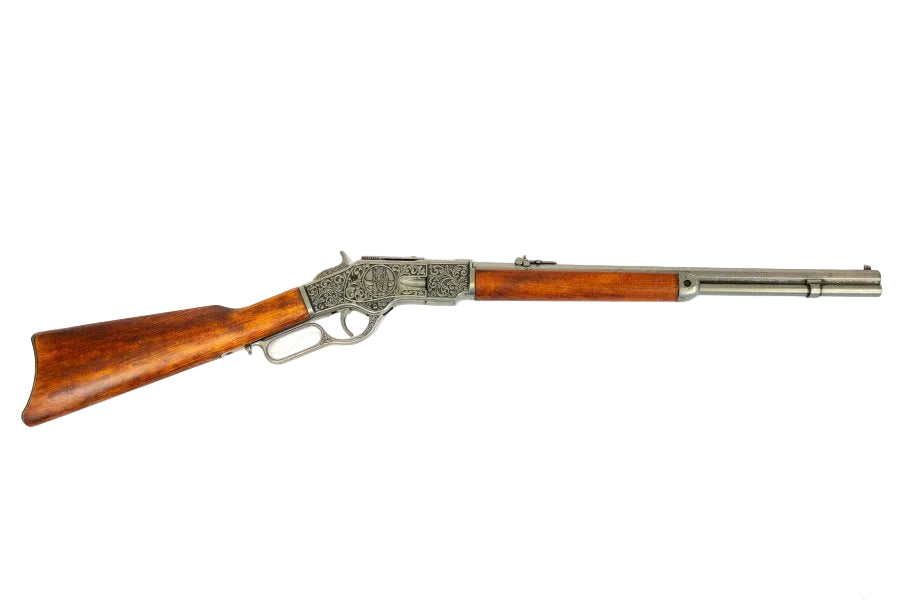 Denix 1873 lever action carbine replica with engraved antique silver receiver and wood stock