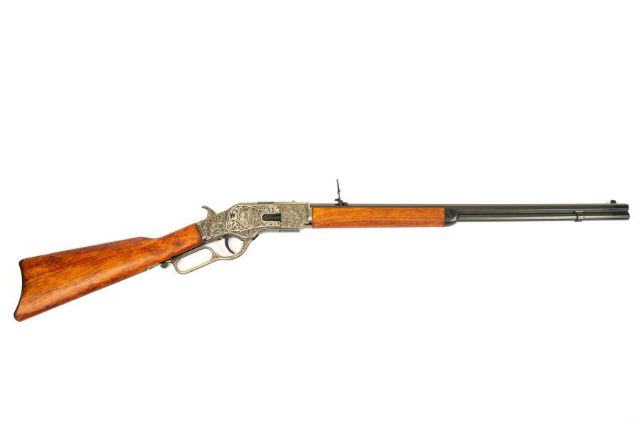 Denix 1873 lever action rifle replica with ornate antique silver finish and wood stock