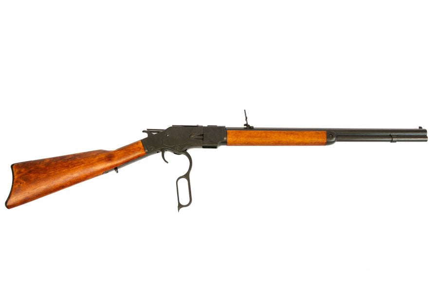Denix 1873 carbine replica with black finish, wooden stock, and lever action