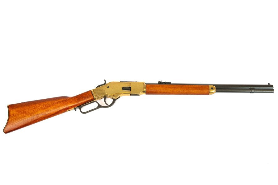 Denix 1873 lever action carbine replica with polished brass tone receiver and wood stock