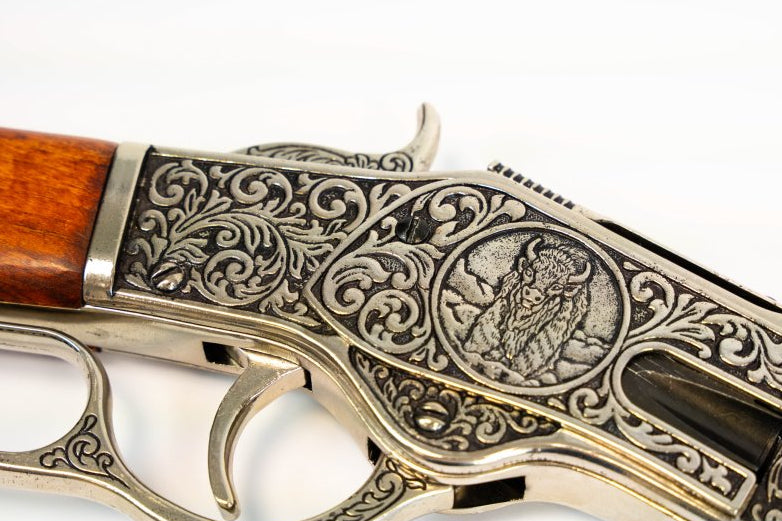 Denix 1873 display and prop carbine replica with engraved silver finish and wood stock