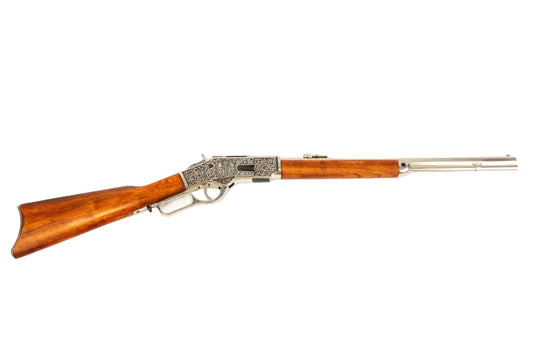 Denix 1873 lever action carbine replica with engraved silver finish and wood stock