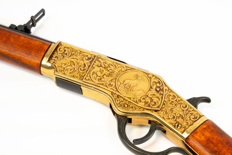 Denix 1873 frontier rifle replica with engraved antique gold receiver and wood furniture