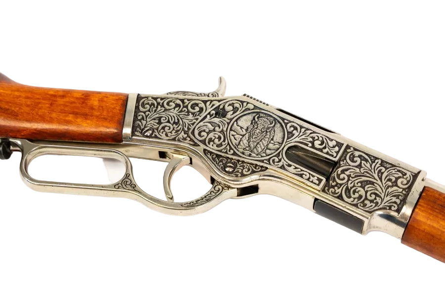 Denix 1873 frontier carbine replica with ornate antique silver receiver and wood furniture