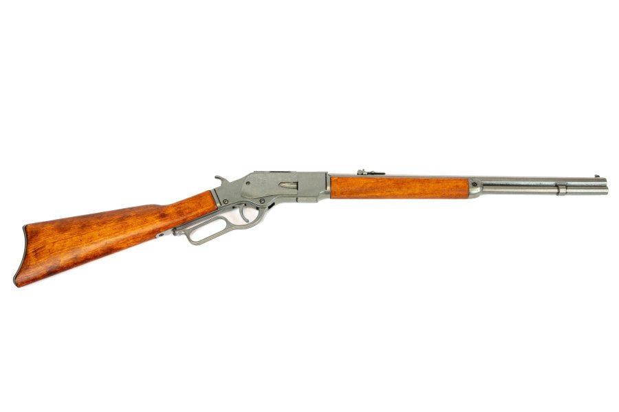 Denix 1873 lever action carbine replica with grey steel finish and wood stock