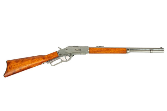 Denix 1873 lever action carbine replica with grey steel finish and wood stock