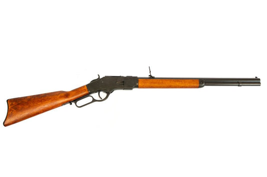 Denix 1873 lever action carbine replica with blued black finish and wood stock