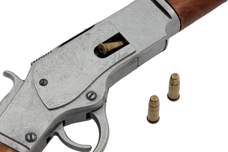 close up view of Denix repeating rifle replica loading bay with dummy ammo rounds