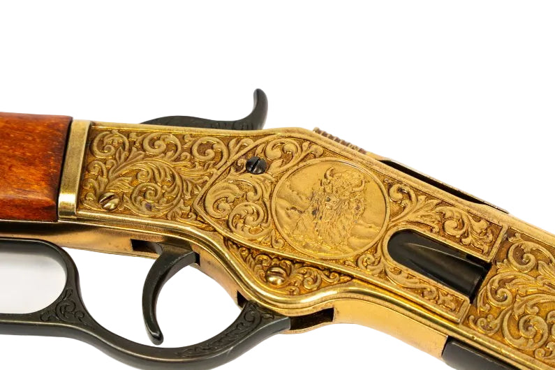 Denix 1873 Old West carbine replica with ornate gold finish and wood furniture