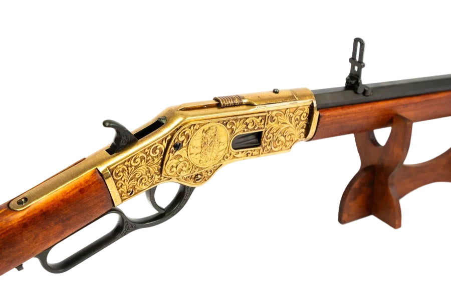 Denix 1873 Old West rifle replica with decorative gold finish and wooden furniture
