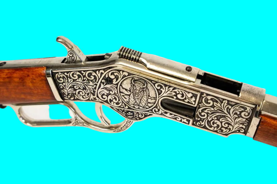 Denix 1873 Old West carbine replica with engraved silver finish and wood furniture