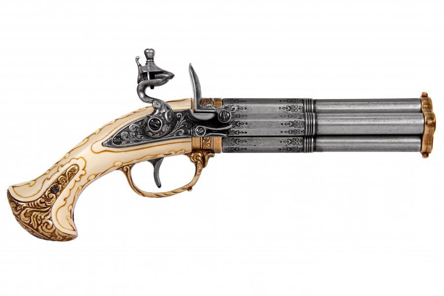 Denix 18th century three barrel flintlock pistol replica with antique gray finish and mock ivory grip