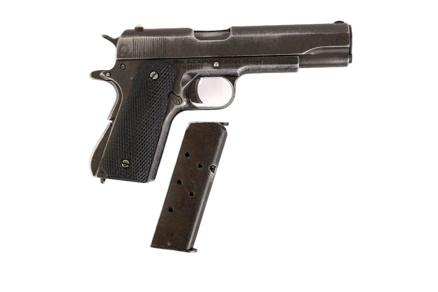 Black handgun with magazine on a white background, featuring Denix logo.
