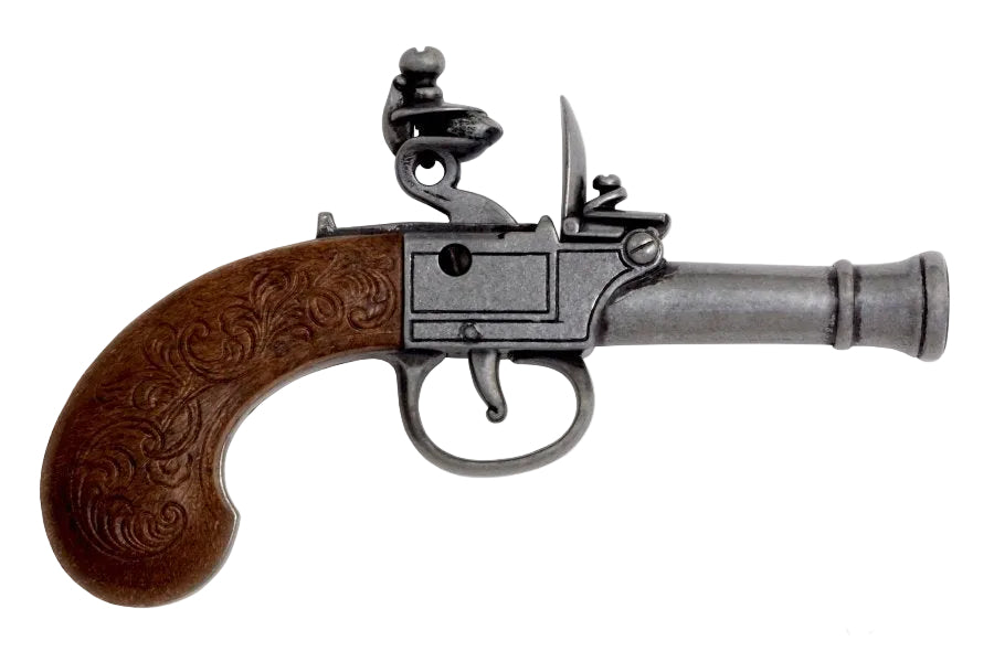 Right side view of Denix 237G English flintlock pocket pistol replica