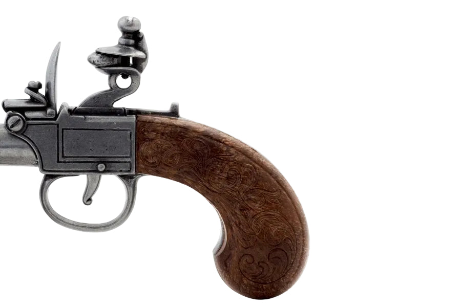 Close up of flintlock firing mechanism on Denix 237G replica pistol