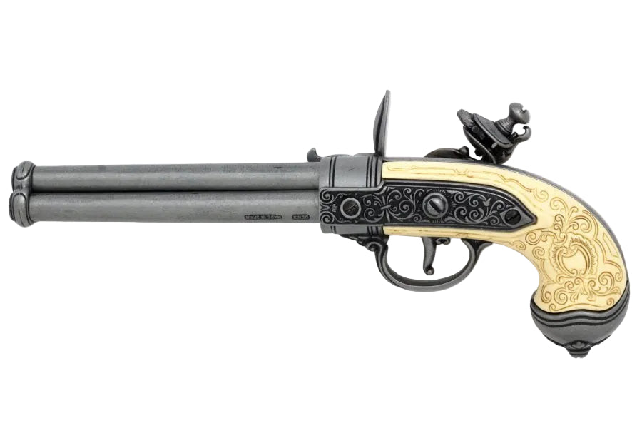 Denix three barrel flintlock pistol replica shown in side profile