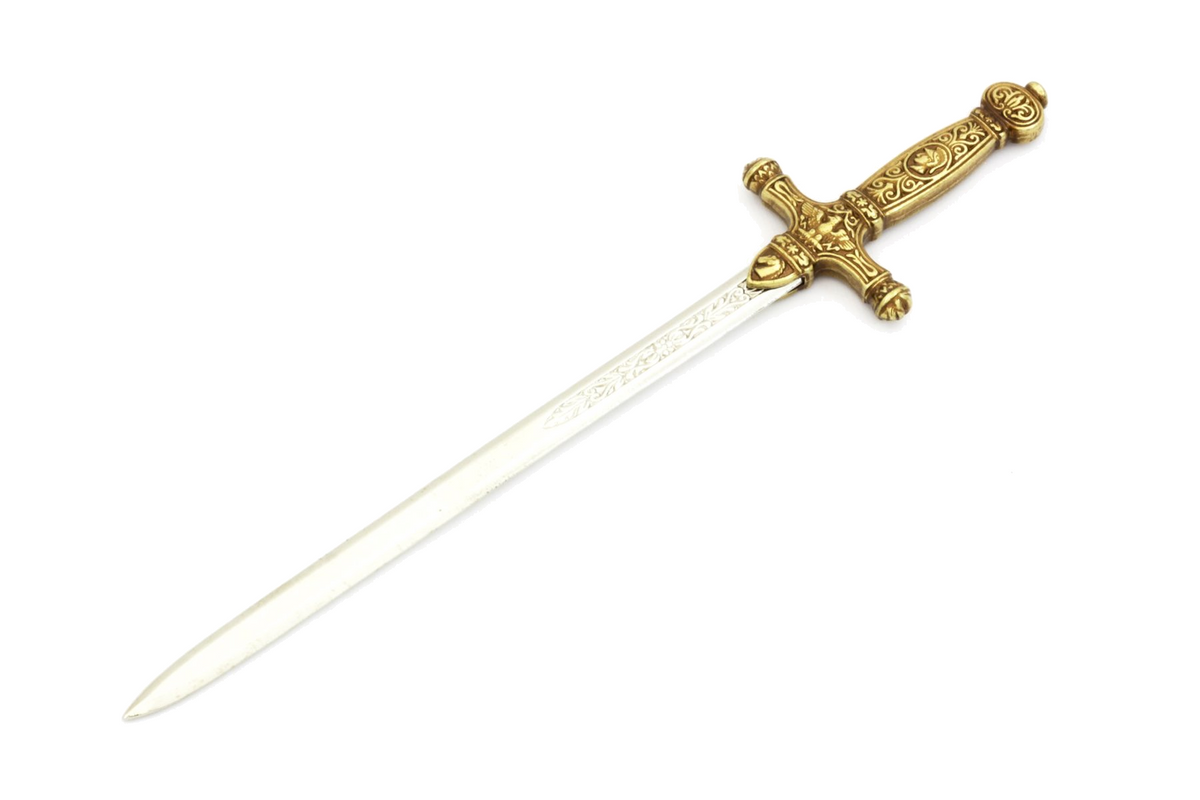 Denix 3029 Napoleon sword letter opener in brass and bright nickel, diagonal view with hilt upper right