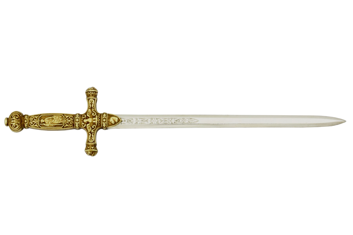 Denix 3029 Napoleon sword letter opener with brass hilt and bright nickel blade, left-facing profile