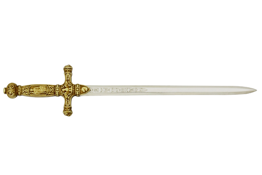 Denix 3029 Napoleon sword letter opener with brass hilt and bright nickel blade, left-facing profile