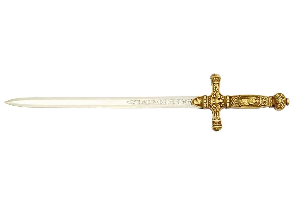 Denix 3029 Napoleon sword letter opener with brass hilt and bright nickel blade, right-facing profile