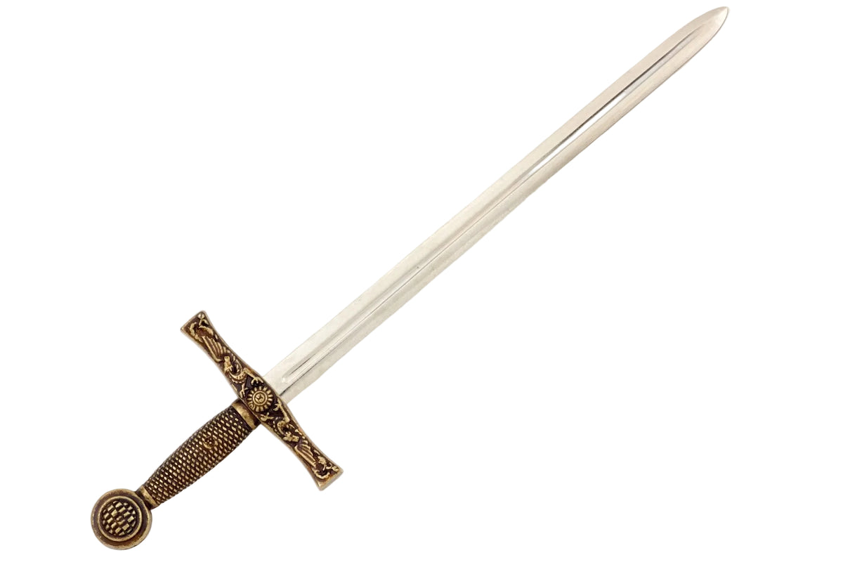 Denix 3030 Excalibur sword letter opener in brass and nickel, diagonal view with hilt lower left