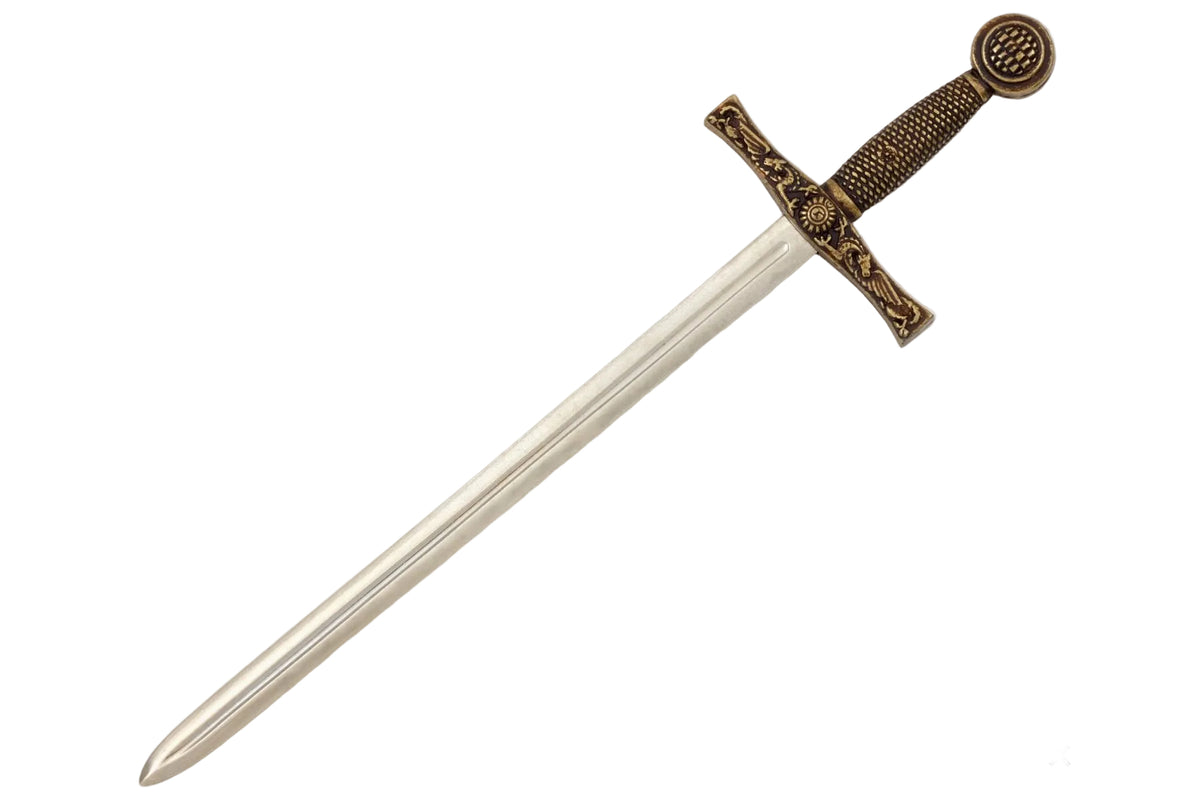 Denix 3030 Excalibur sword letter opener in brass and nickel, diagonal view with hilt upper right