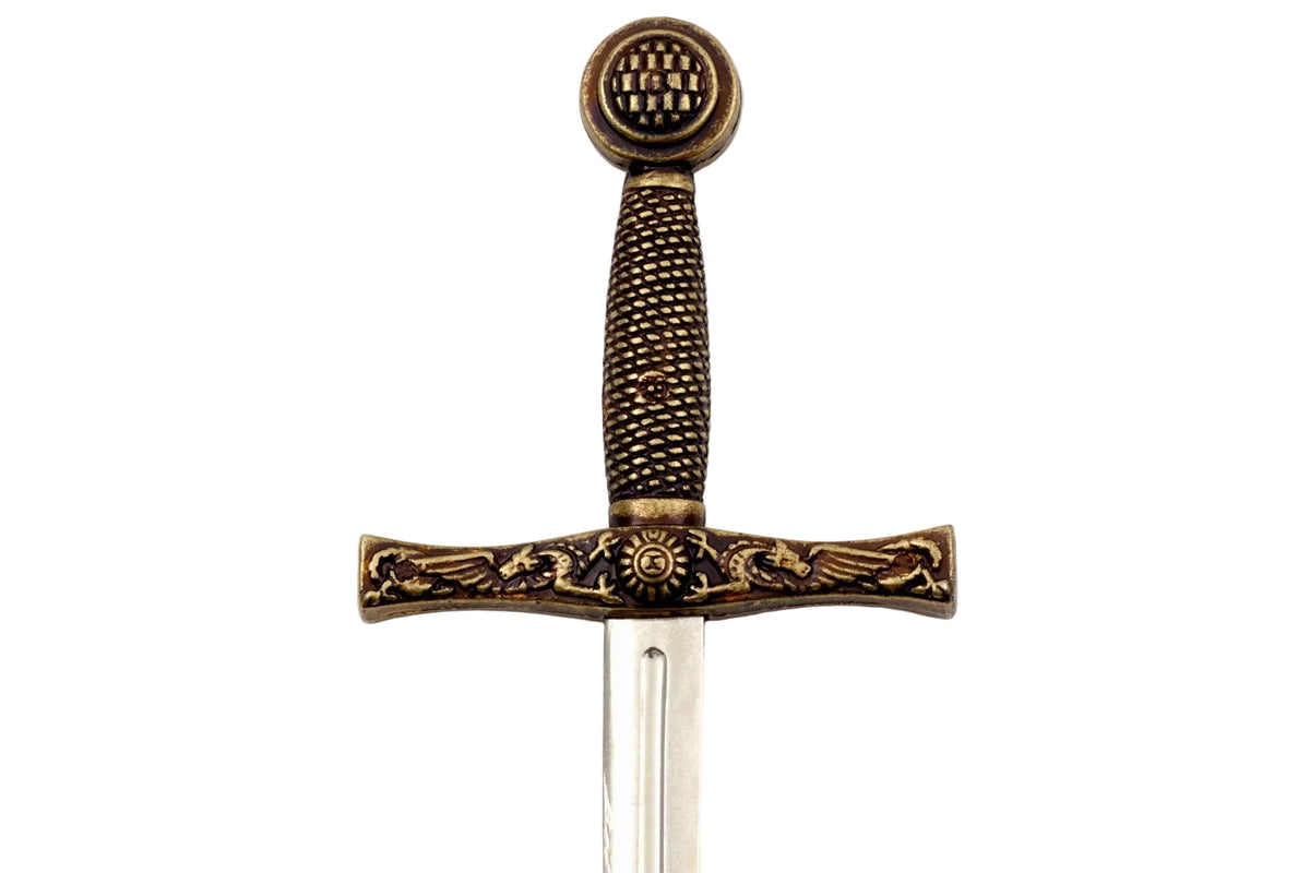 Denix 3030 Excalibur sword letter opener decorated brass hilt and crossguard close-up