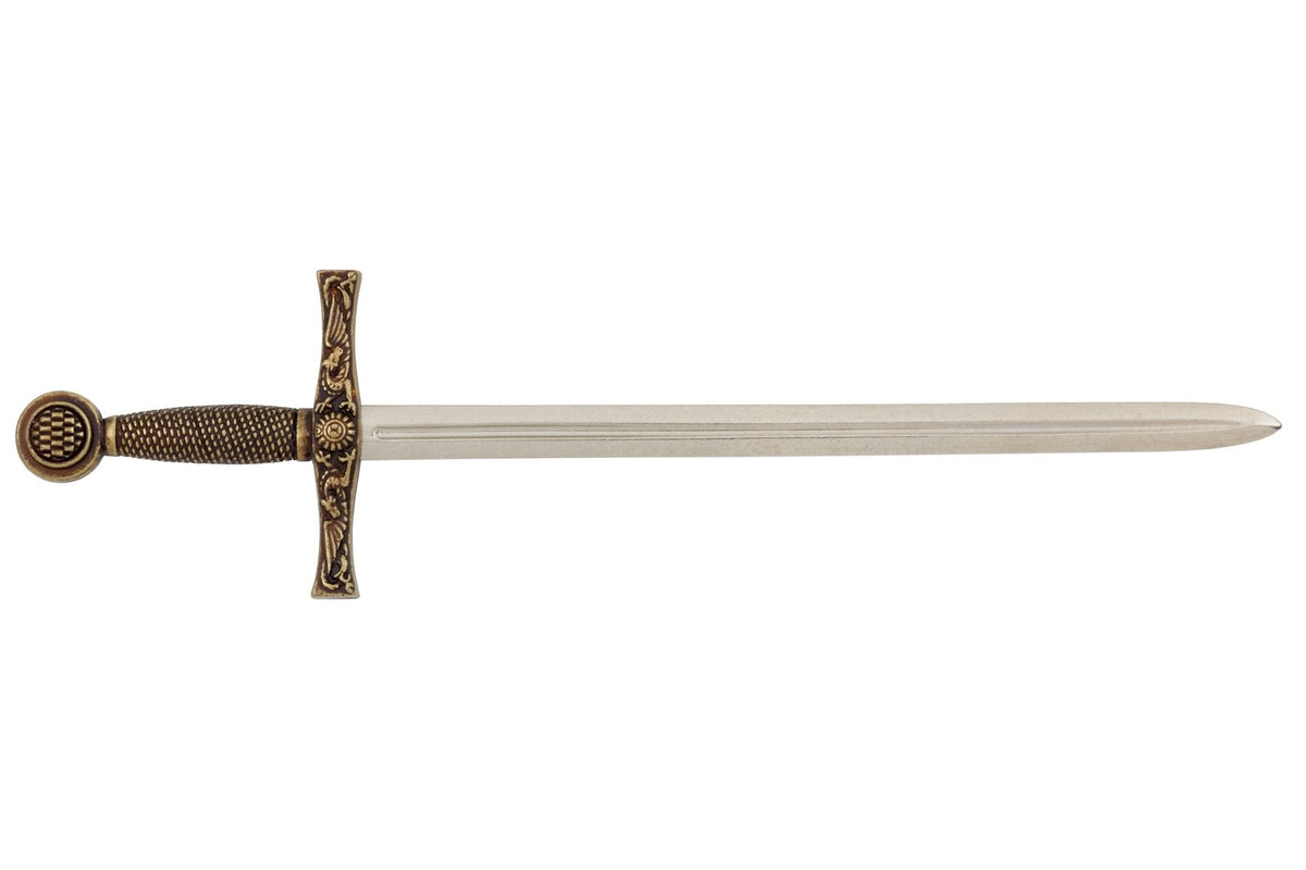 Denix 3030 Excalibur sword letter opener with brass hilt and nickel blade, left-facing profile