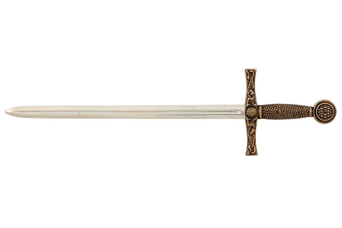 Denix 3030 Excalibur sword letter opener with brass hilt and nickel blade, right-facing profile