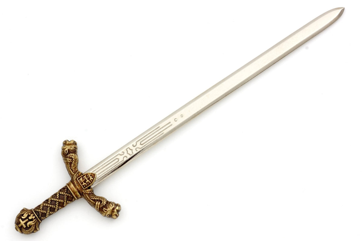 Denix 3032 Richard the Lionheart sword letter opener in brass and nickel, diagonal view with hilt lower left