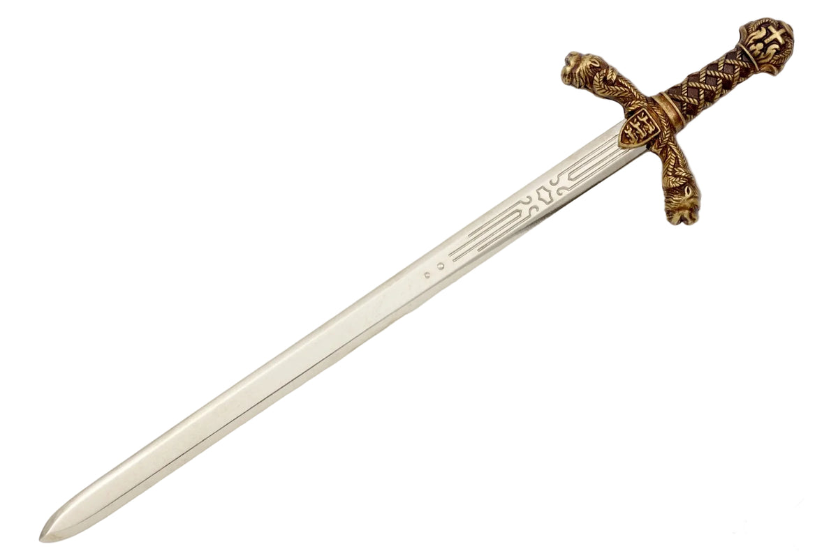 Denix 3032 Richard the Lionheart sword letter opener in brass and nickel, diagonal view with hilt upper right
