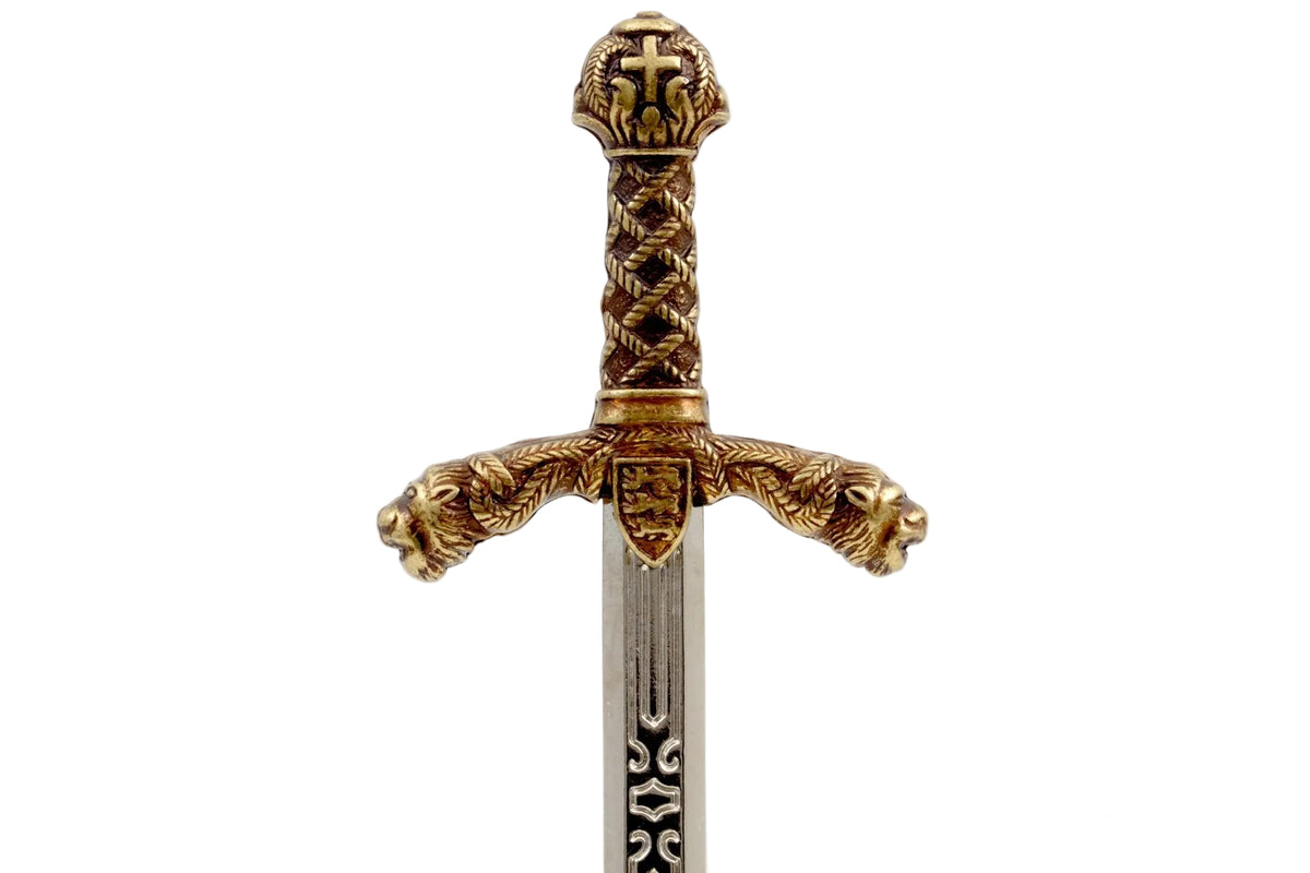Denix 3032 Richard the Lionheart sword letter opener decorated brass hilt and crossguard close-up
