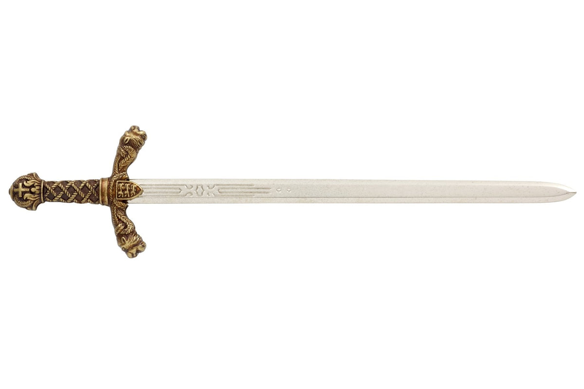 Denix 3032 Richard the Lionheart sword letter opener with brass hilt and nickel blade, left-facing profile