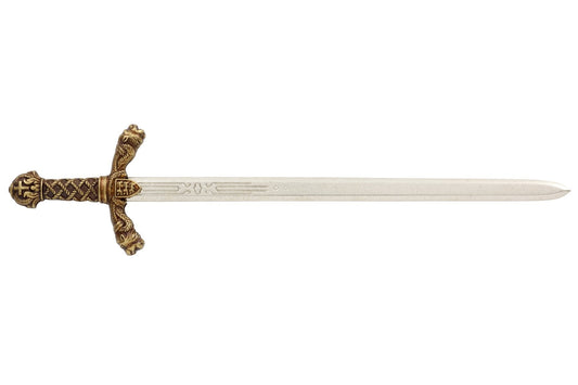 Denix 3032 Richard the Lionheart sword letter opener with brass hilt and nickel blade, left-facing profile