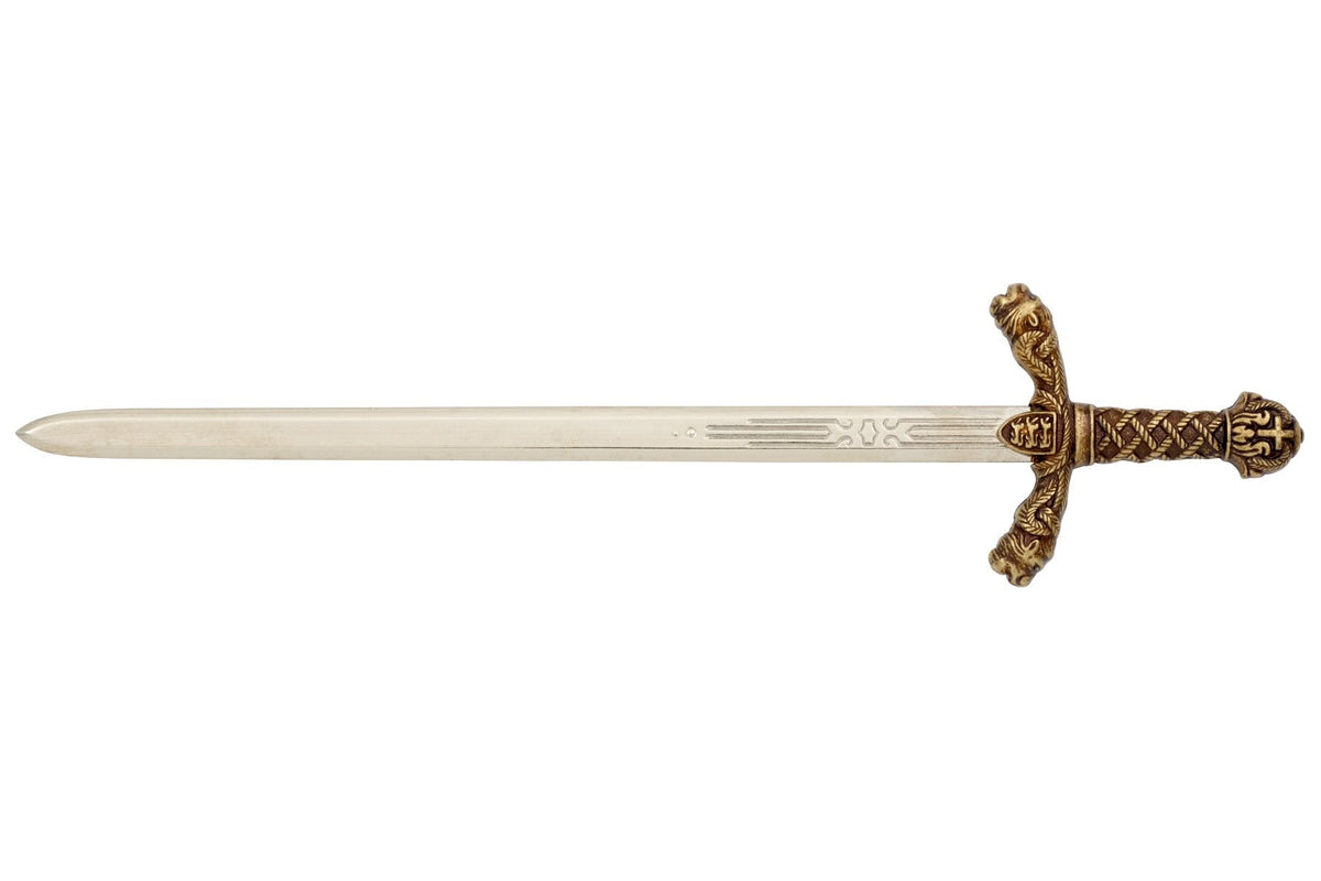 Denix 3032 Richard the Lionheart sword letter opener with brass hilt and nickel blade, right-facing profile