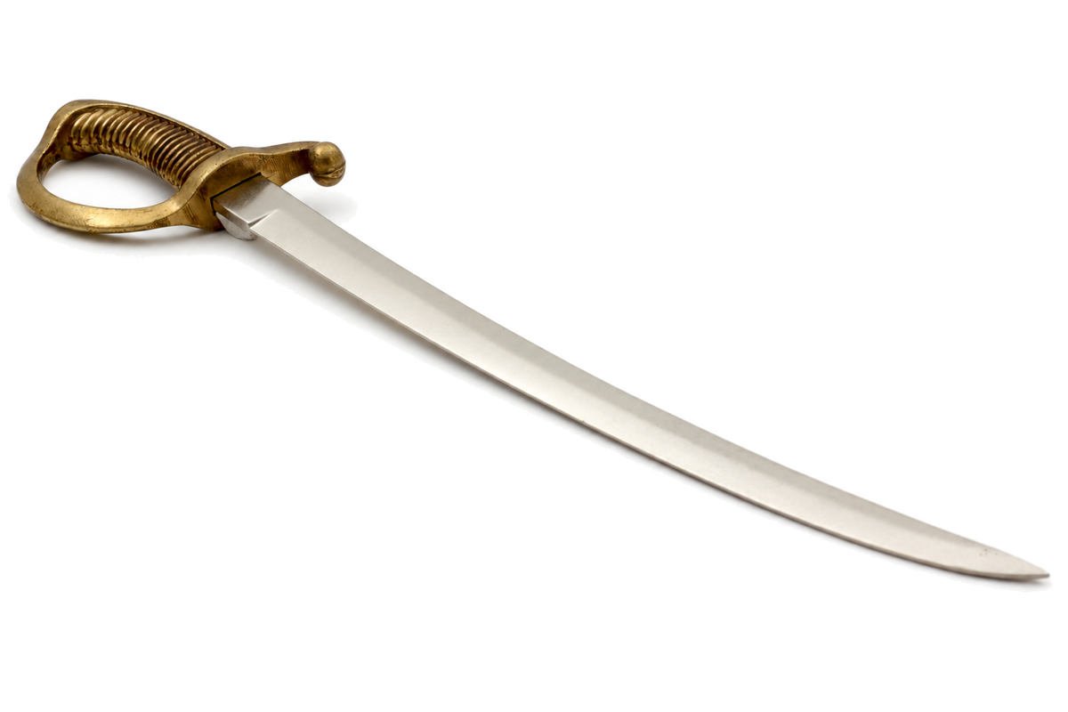 Denix 3033 briquet sabre letter opener in brass and nickel, diagonal view with hilt upper left