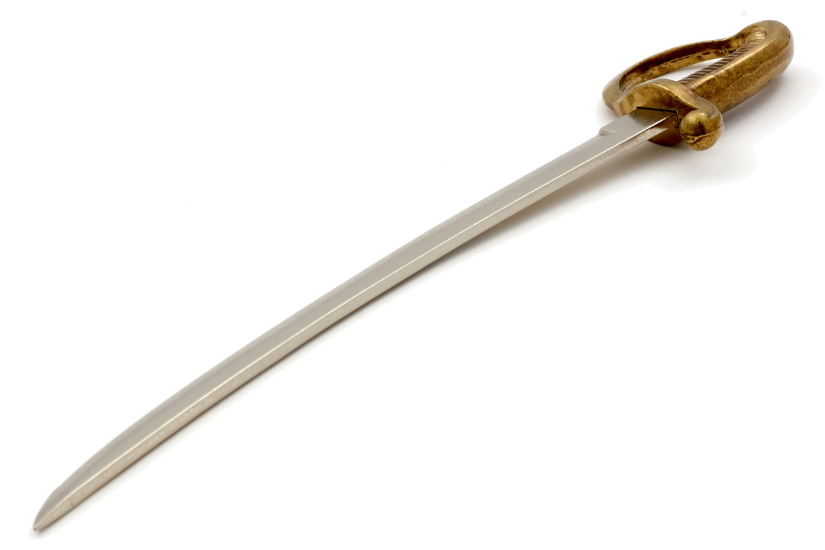 Denix 3033 briquet sabre letter opener in brass and nickel, diagonal view with hilt upper right
